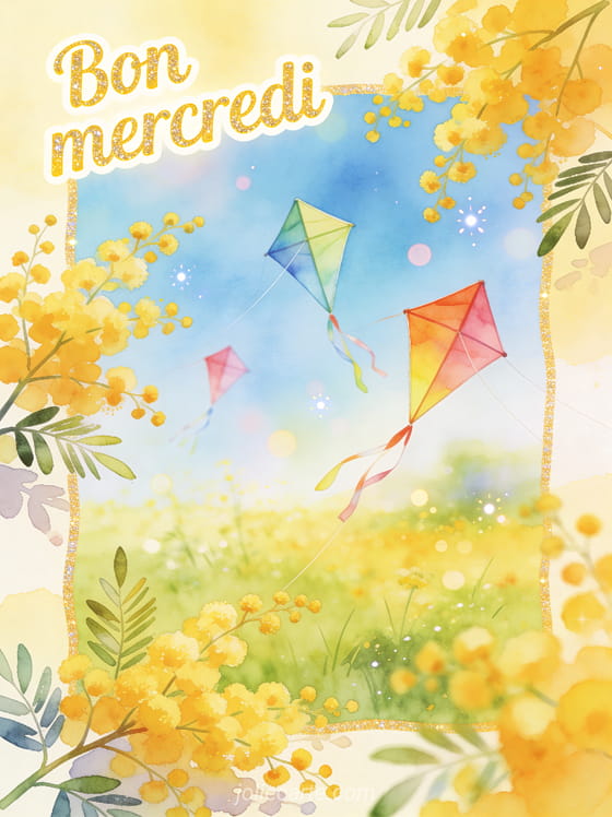 Cerfs-volants colorés dans une prairie de printemps avec mimosas, feuilles fines et texte Bon mercredi jaune