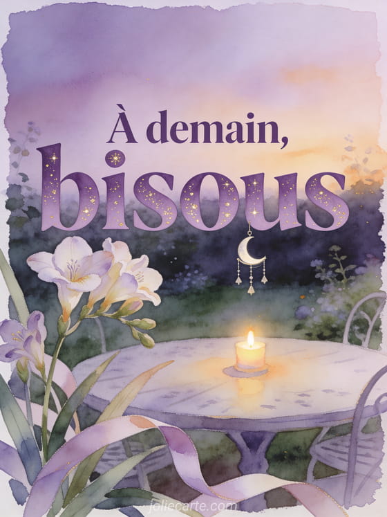 Mobile en croissant de lune au-dessus d'une table de jardin avec freesia, bougie et texte À demain, bisous