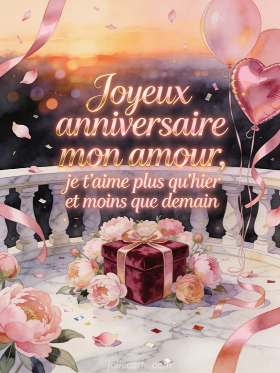 Carte aquarelle avec pivoines, coffret cadeau et ballons en cœur sur une terrasse