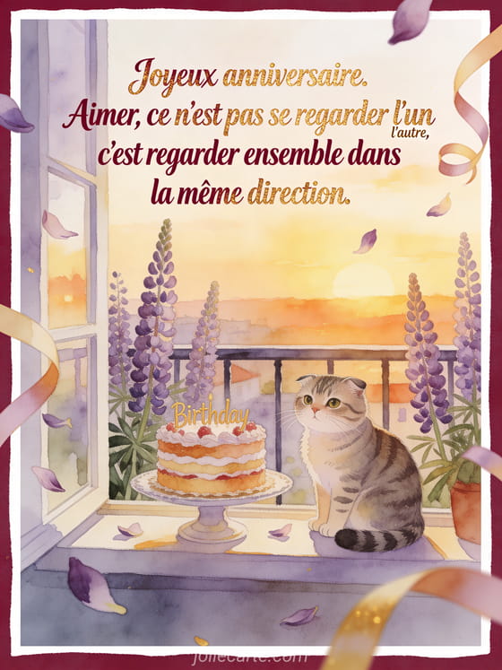 Carte aquarelle avec gâteau d'anniversaire, chat scottish fold et lupins sur un balcon au coucher du soleil