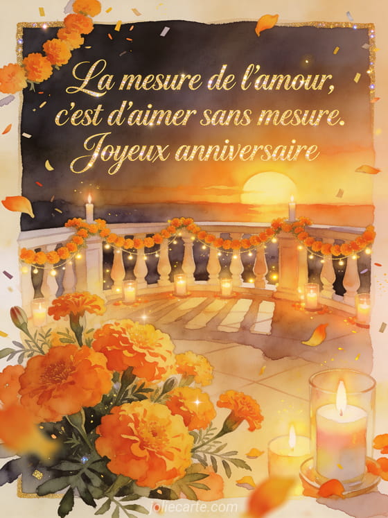 Carte aquarelle avec terrasse, guirlandes de soucis, bougies et confettis dorés