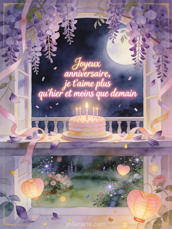 Carte aquarelle avec gâteau, agapanthes et lanternes en cœur, texte Joyeux anniversaire, je t'aime plus qu'hier