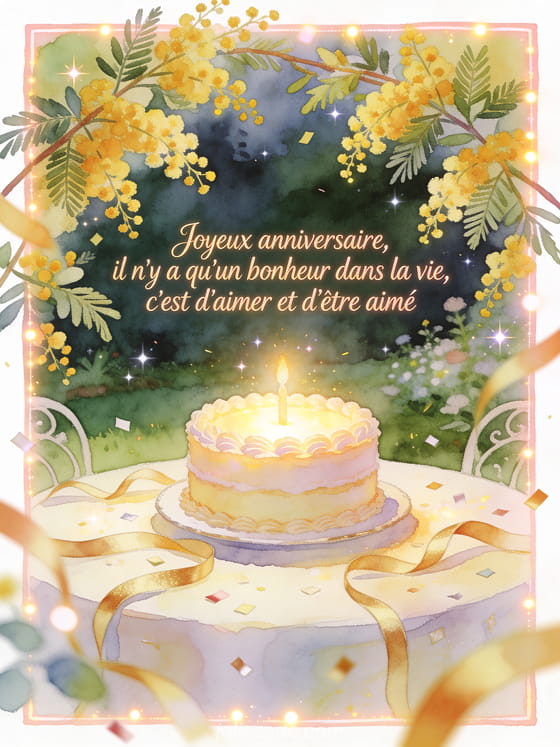Carte aquarelle avec branches de mimosa, gâteau d'anniversaire et rubans dorés