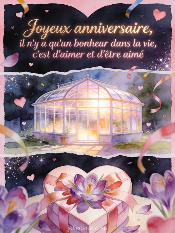 Carte aquarelle avec coffret en cœur, pétales de crocus et verrière lumineuse