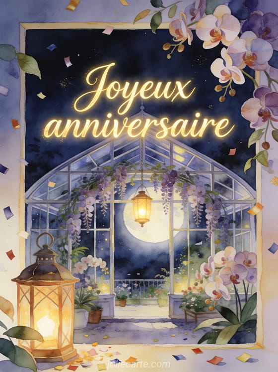 Carte aquarelle avec lanterne, orchidées en cascade et verrière de nuit
