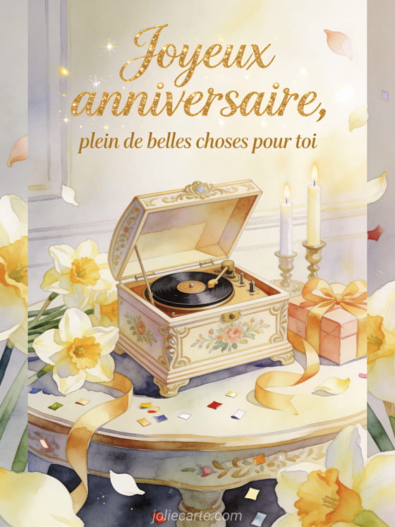 Carte aquarelle avec boîte à musique, narcisses, bougies et rubans d'anniversaire