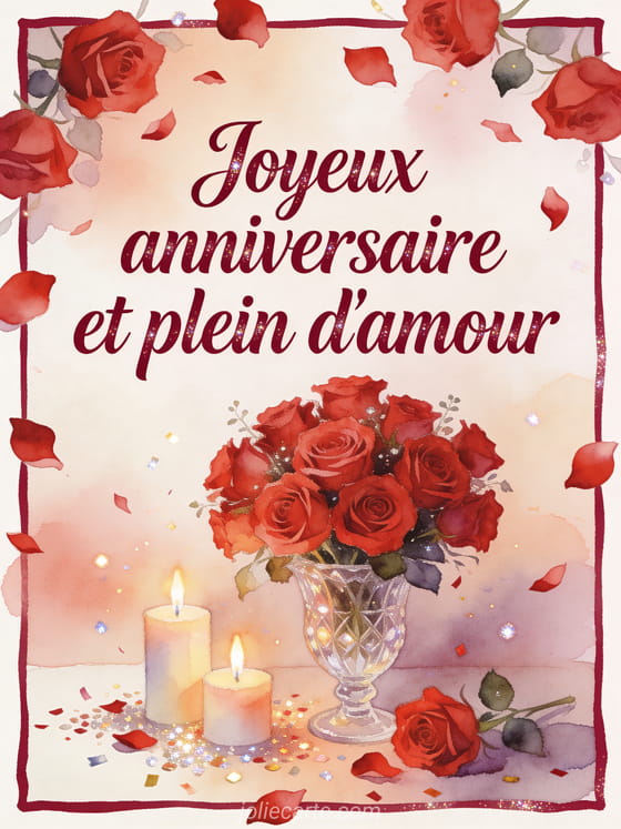 Carte aquarelle avec bouquet de roses rouges, vase en cristal, bougies et confettis