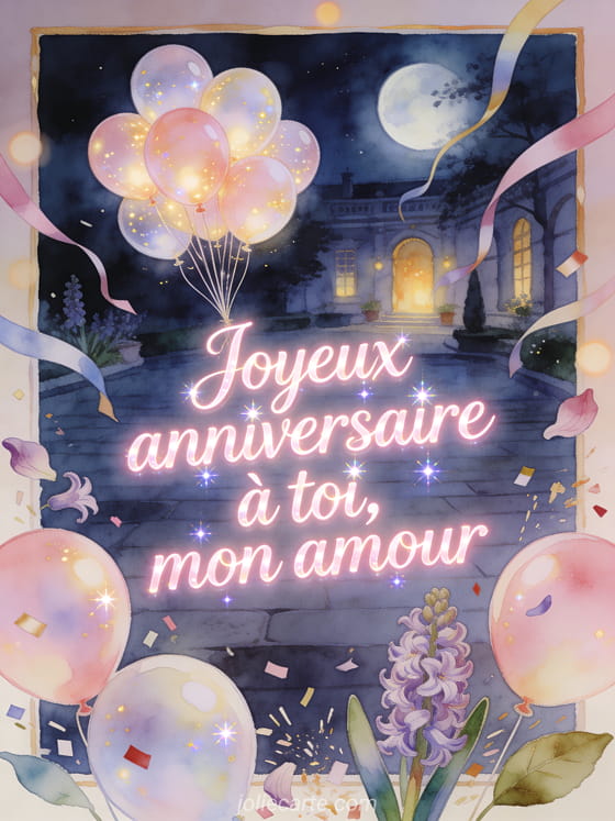 Carte aquarelle avec ballons lumineux, pétales de jacinthe et cour de nuit festive