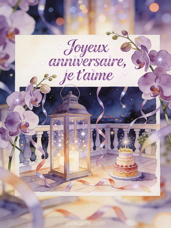 Carte aquarelle avec orchidées, lanterne et petite pièce montée sur une terrasse lumineuse