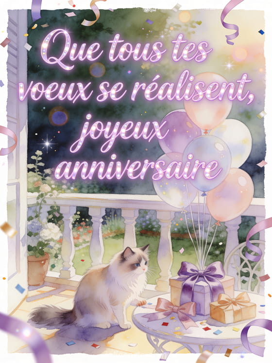 Carte aquarelle avec chat ragdoll, ballons d'anniversaire et nœuds satinés sur une véranda