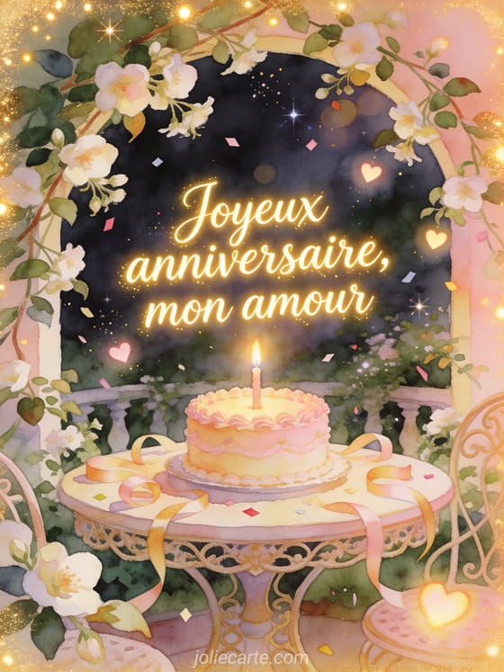 Carte aquarelle avec gâteau, jasmin, rubans et lumières en cœur sur une table de jardin