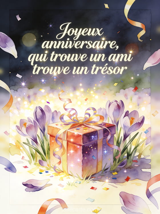 Carte aquarelle avec crocus, coffret cadeau et rubans au milieu de confettis d'anniversaire