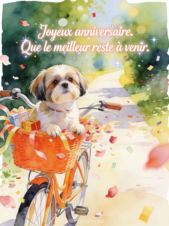 Carte aquarelle avec chien shih tzu, panier de vélo, rubans et petits cadeaux