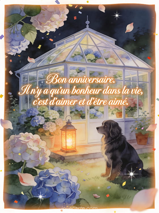 Carte aquarelle avec hortensias, lanterne et chien terre-neuve dans une verrière lumineuse