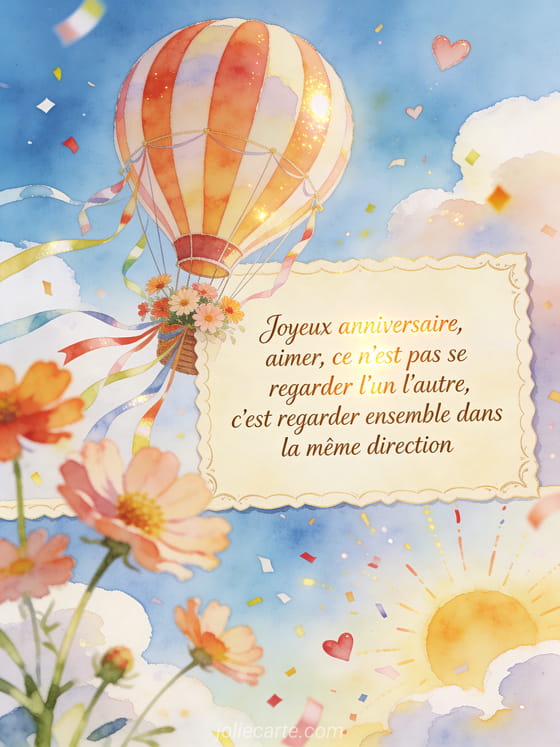 Carte aquarelle avec montgolfière, fleurs de cosmos et rubans dans un ciel festif