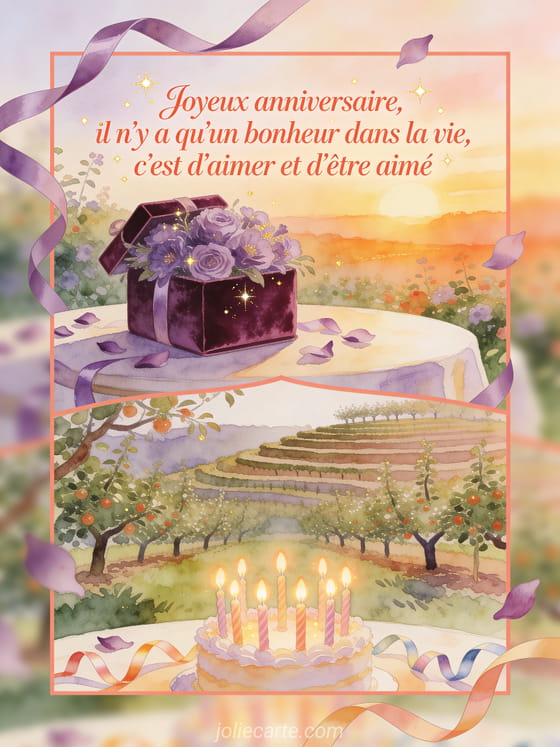 Carte aquarelle avec coffret cadeau, fleurs violettes et rubans, texte Joyeux anniversaire avec une citation d'amour