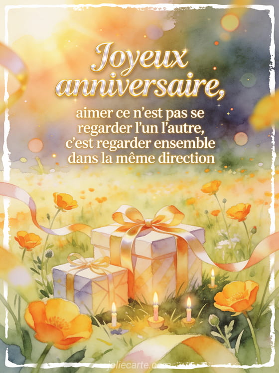 Carte aquarelle avec prairie de boutons-d'or, cadeaux et bougies au lever du soleil