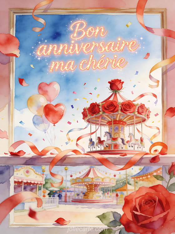 Carte aquarelle avec carrousel de roses rouges, ballons en cœur et rubans, texte Bon anniversaire ma chérie
