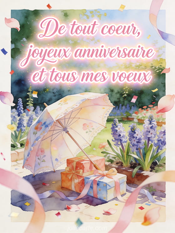 Carte aquarelle avec jacinthes, parasol peint, cadeaux et rubans dans une cour festive