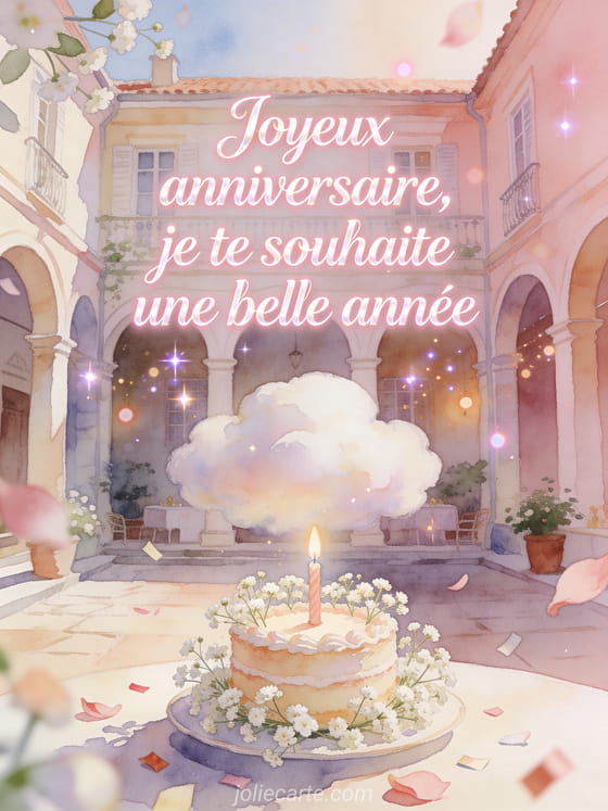 Carte aquarelle avec gypsophile, gâteau d'anniversaire et cour pastel festive