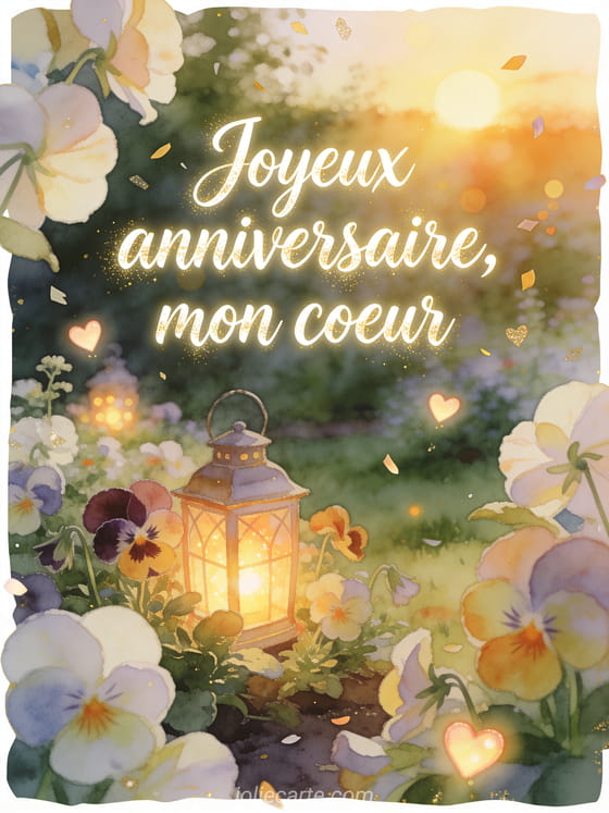 Carte aquarelle avec lanternes, pensées et lumières en cœur dans un jardin au lever du soleil