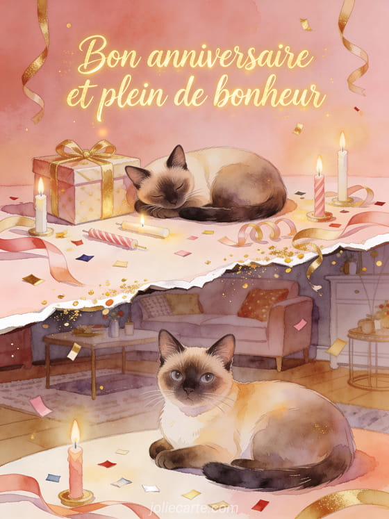 Carte aquarelle avec chat siamois, cadeau emballé et bougies dans une ambiance d'anniversaire