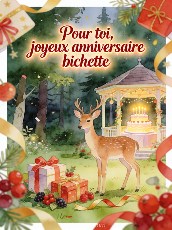 Carte aquarelle avec biche, gâteau d'anniversaire, cadeaux et baies dans un kiosque boisé