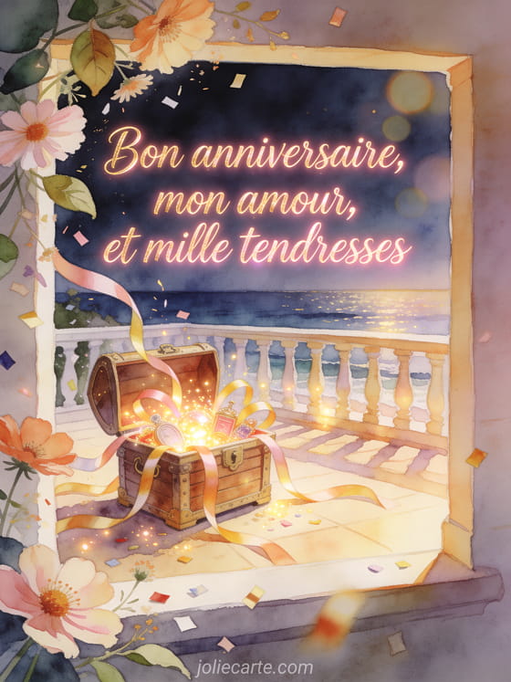 Carte aquarelle avec coffre entrouvert, pétales de cosmos et terrasse au bord de mer