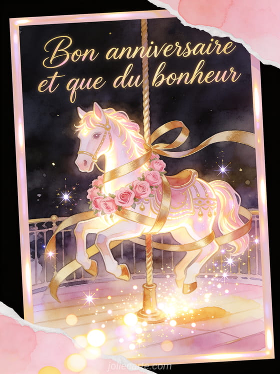 Carte aquarelle avec guirlandes de roses roses, cheval de carrousel et rubans dorés