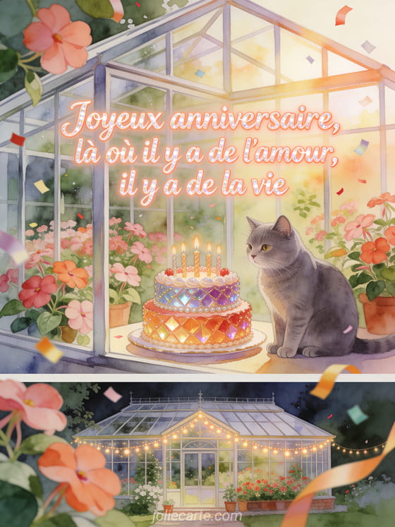 Illustration aquarelle d'un chat chartreux près d'un gâteau d'anniversaire dans une serre d'impatiens
