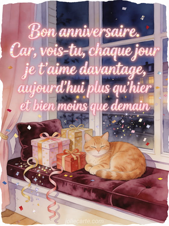 Illustration aquarelle d'un chat roux lové près de cadeaux d'anniversaire et de confettis, avec le texte Bon anniversaire.