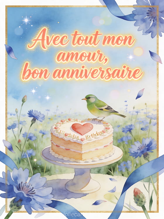 Illustration aquarelle d'un gateau d'anniversaire coeur dans un champ de bleuets avec un oiseau verdier et le texte Avec tout mon amour, bon anniversaire