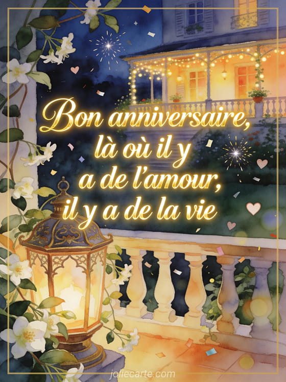 Illustration aquarelle d'une lanterne entourée de jasmin sur un balcon festif avec le texte Bon anniversaire