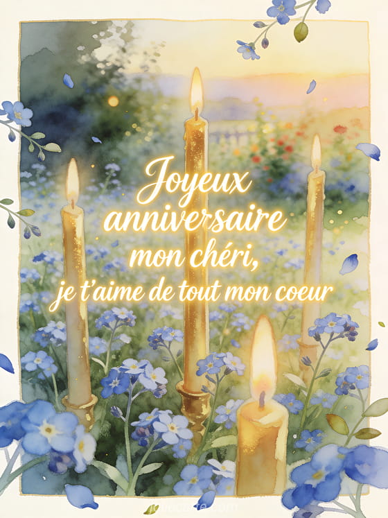 Calligraphie lumineuse Joyeux anniversaire mon chéri avec hautes bougies dorées dans un champ de myosotis, style aquarelle