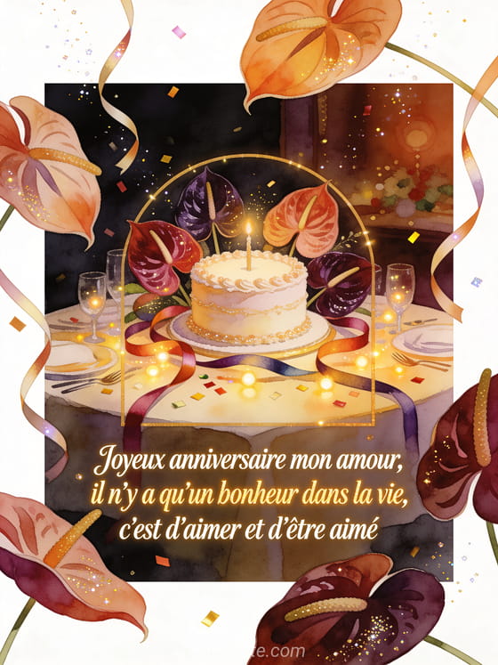 Illustration aquarelle d'un gâteau d'anniversaire entouré d'anthuriums avec un long message Joyeux anniversaire mon amour