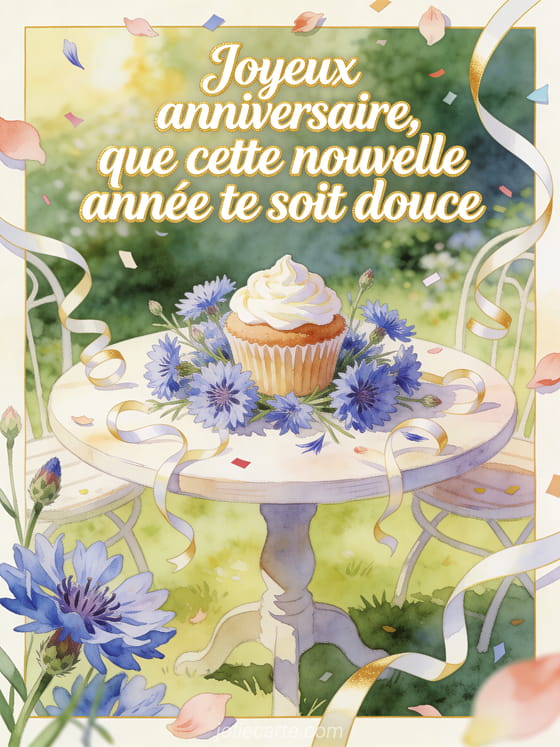 Carte aquarelle avec cupcake glacé, centaurées et texte Joyeux anniversaire, que cette nouvelle année te soit douce