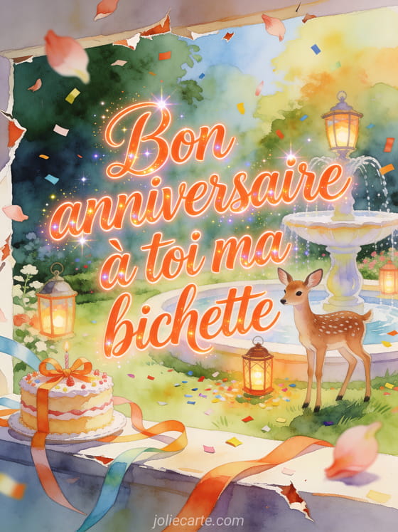 Faon joueur près d'une fontaine de jardin avec gâteau d'anniversaire, lanternes et texte Bon anniversaire à toi ma bichette