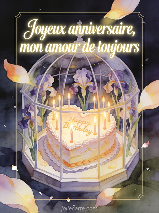Illustration aquarelle d'une serre aux iris avec un grand gâteau d'anniversaire en forme de cœur et des bougies lumineuses