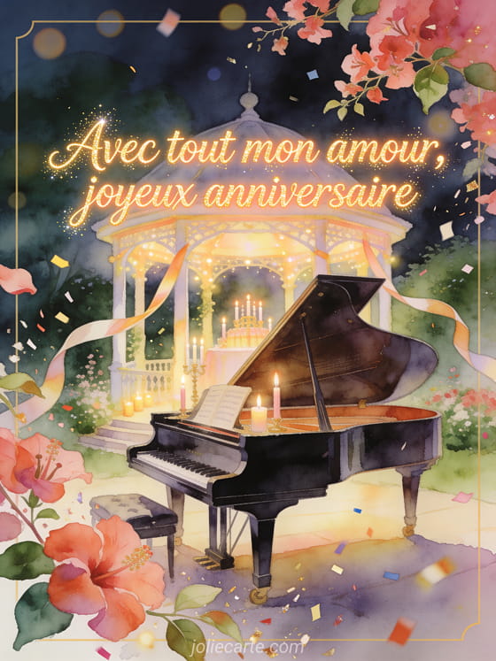 Illustration aquarelle d'un piano dans un pavillon de jardin avec bougies d'anniversaire, rubans et petals de bougainvillier.
