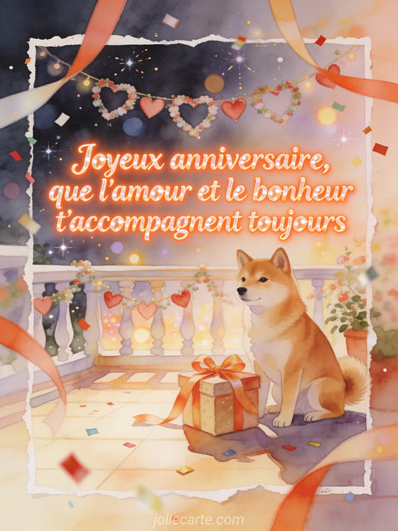 Illustration aquarelle d'un shiba inu près d'un cadeau rubané et de guirlandes de cœurs sur une terrasse festive.
