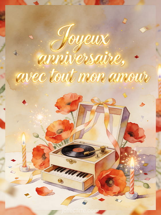 Boîte à musique ouverte entourée de coquelicots, bougies et confettis, avec le texte Joyeux anniversaire, avec tout mon amour