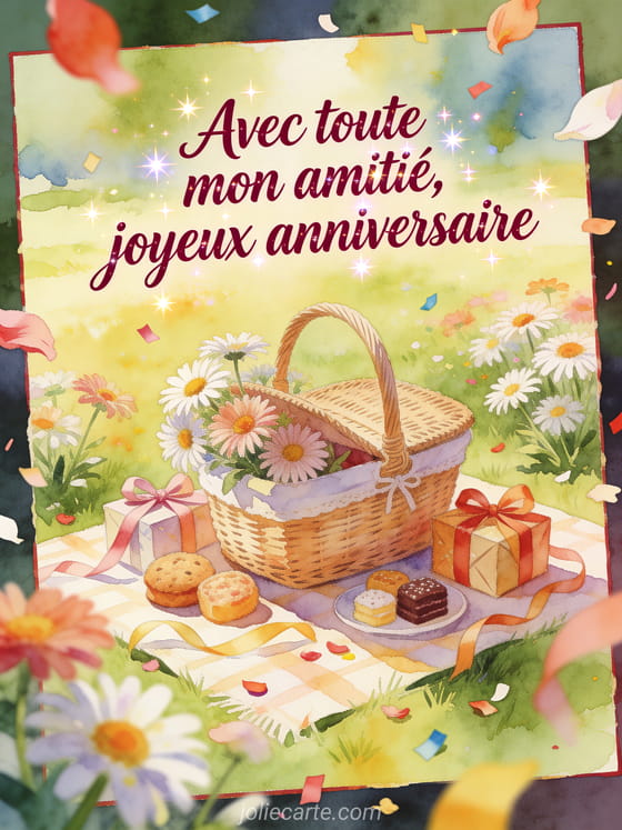 Carte aquarelle avec panier de pique-nique d'anniversaire, asters, rubans et texte Avec toute mon amitié, joyeux anniversaire