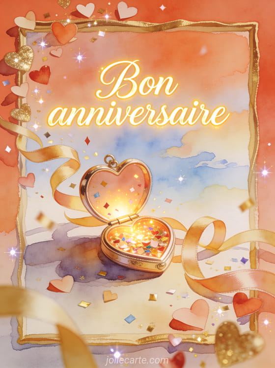 Calligraphie Bon anniversaire avec médaillon coeur ouvert, confettis et rubans satinés lumineux, style aquarelle
