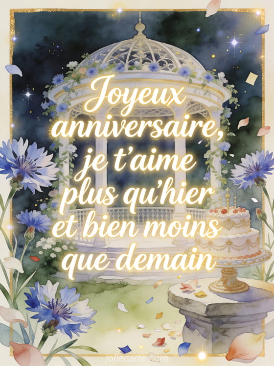 Pavillon romantique fleuri avec gâteau d'anniversaire, confettis et texte Joyeux anniversaire je t'aime plus qu'hier