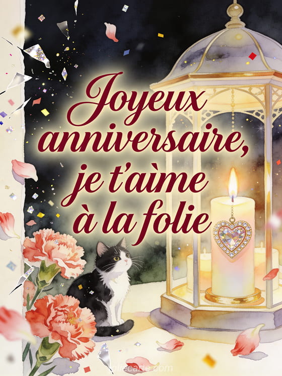 Chat noir et blanc pres d'un coeur bijou parmi des oeillets, avec le texte Joyeux anniversaire, je t'aime a la folie