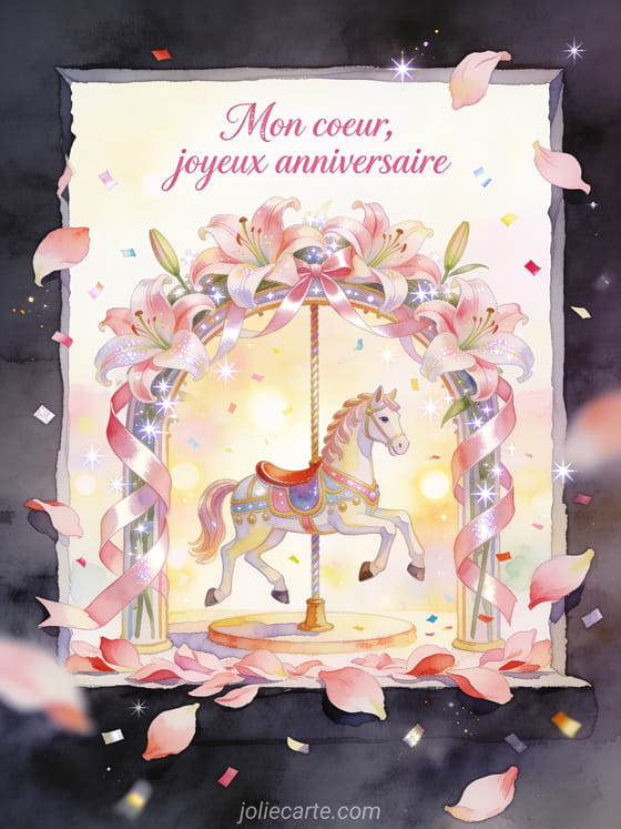 Illustration aquarelle d'un cheval de carrousel sous des amaryllis avec rubans et confettis, texte Mon coeur, joyeux anniversaire.