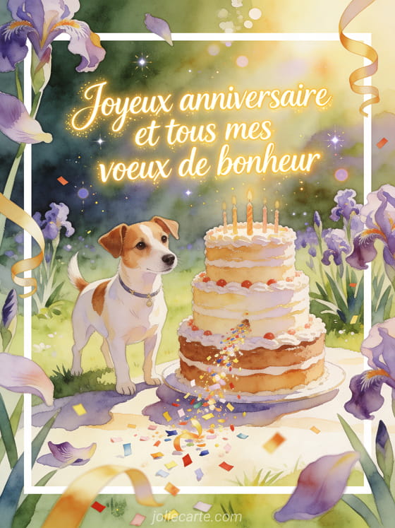 Illustration aquarelle d'un chien jack russell pres d'un grand gateau d'anniversaire dans un jardin avec iris et confettis.