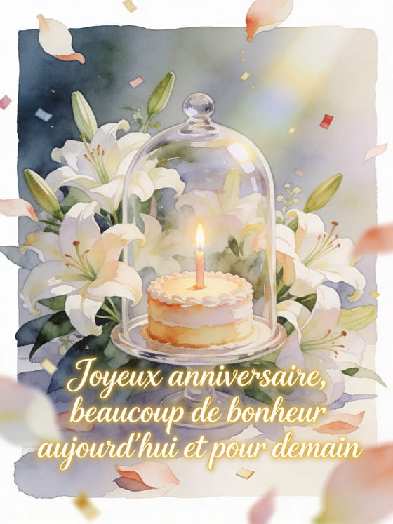 Carte aquarelle avec lys, cloche en verre, petit gâteau d'anniversaire et texte Joyeux anniversaire, beaucoup de bonheur aujourd'hui et pour demain