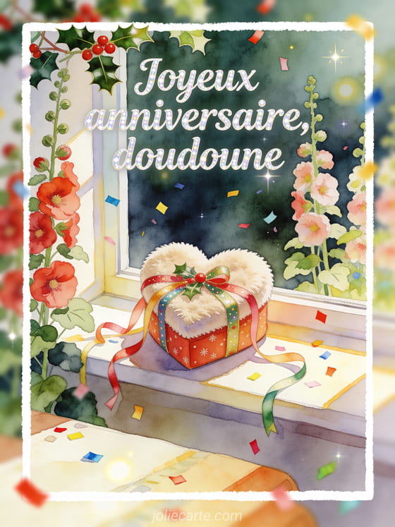 Carte illustree aquarelle avec coffret cadeau en forme de coeur, rubans festifs, roses tremieres et confettis colores
