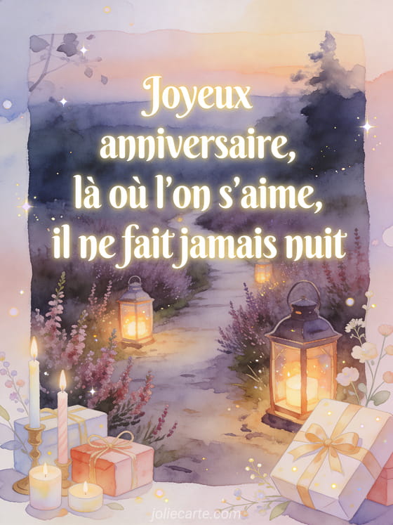 Chemin de bruyère avec lanternes et cadeaux d'anniversaire, texte Joyeux anniversaire, là où l'on s'aime, il ne fait jamais nuit